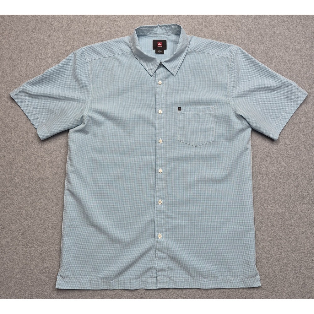 Quiksilver Shirt Men's M Light Blue Short Sleeve Button Up Micro Check Summer